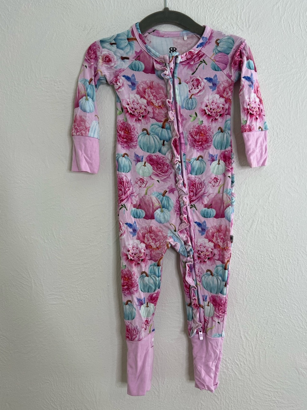Bums & Roses Girls Pink Floral & Blue Pumpkin One-Piece Pajamas size 9-12 months